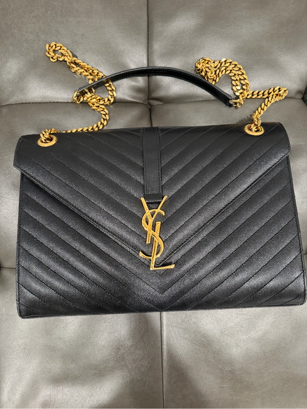 Saint Laurent Black Large Quilted Leather Shoulder Bag with Gold Hardware/Chain
